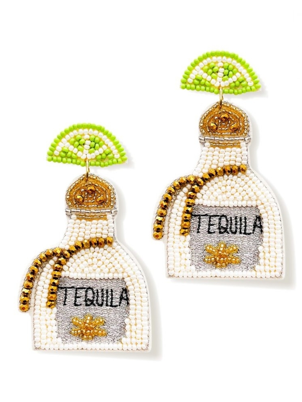 Beaded Tequila Bottle Statement Earrings With A Lime  in White & Gold